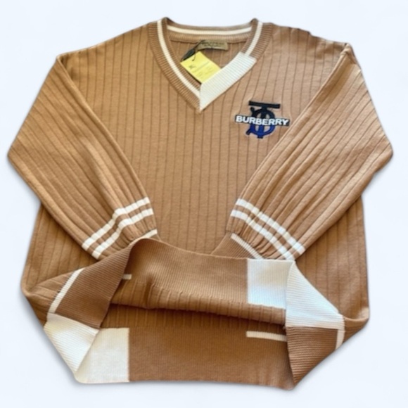 Burberry Pullover V-Neck Cardigan XL Caramel Brown/White Quiet Luxury NWT - Picture 2 of 14